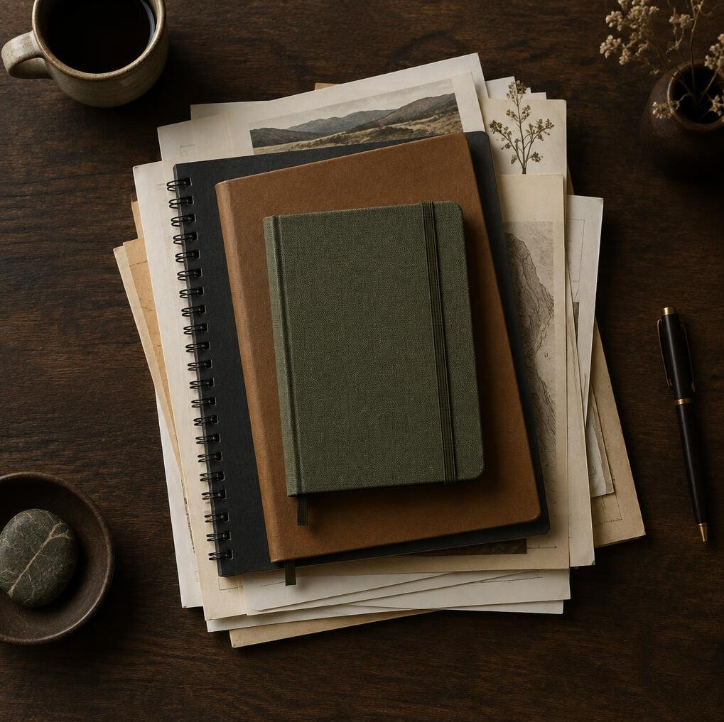 Stack of bound notebooks and papers on a wooden table