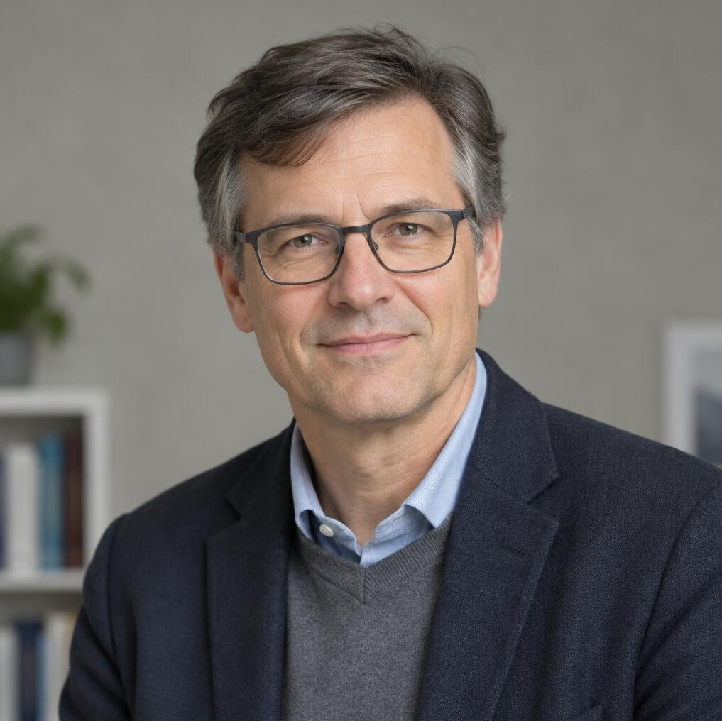 Studio portrait of a German man researcher with glasses in his fifties