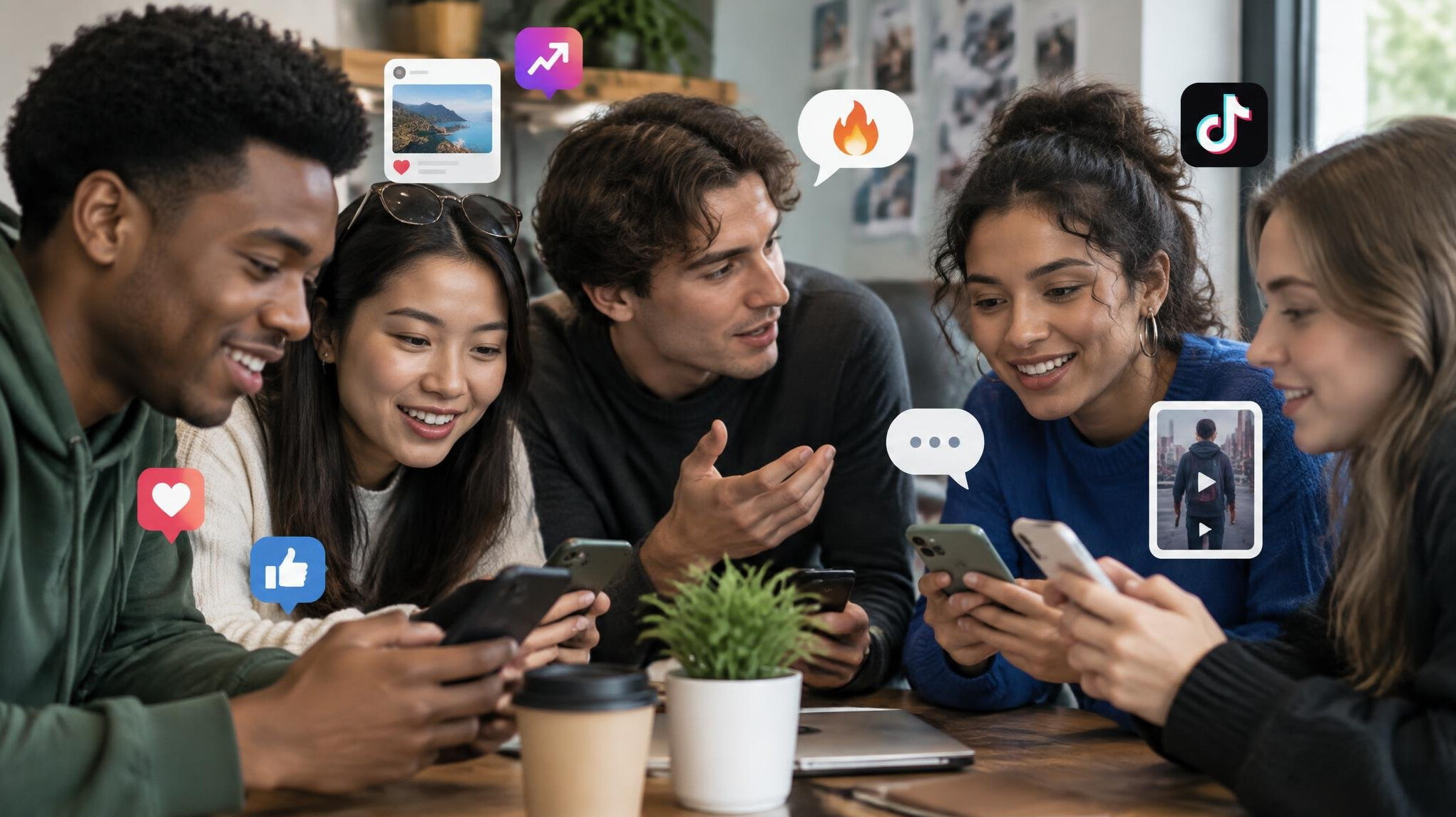 group of friends scrolling phones
