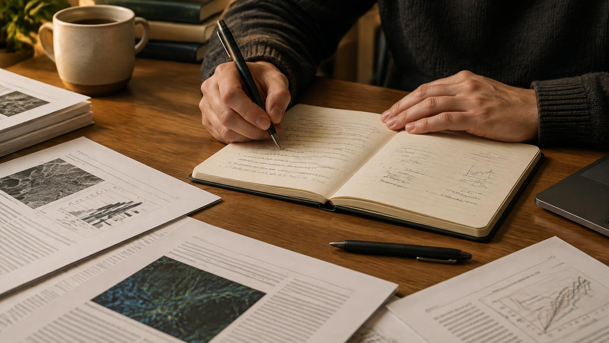 Hands writing notes in a notebook on a wooden desk with research papers
