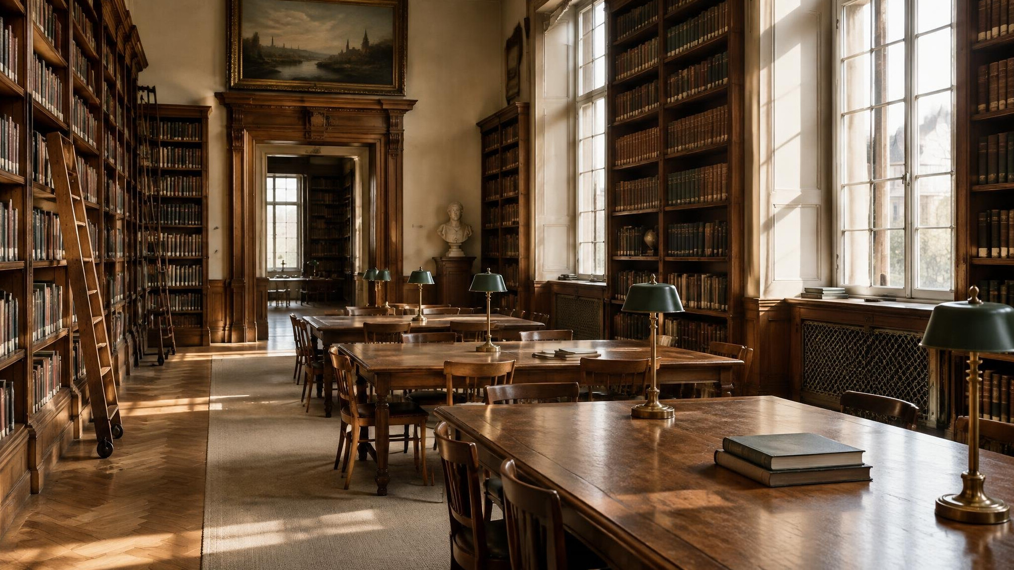 Quiet reading room with tall bookshelves and warm light