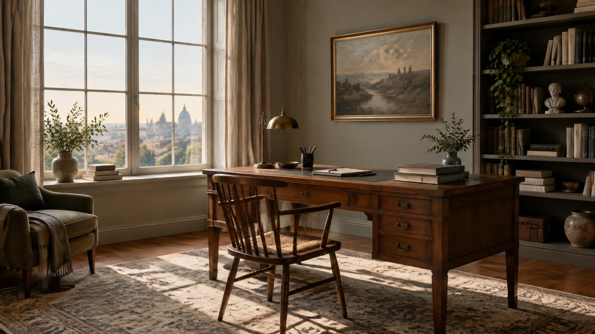 Quiet study room with a large window and warm light