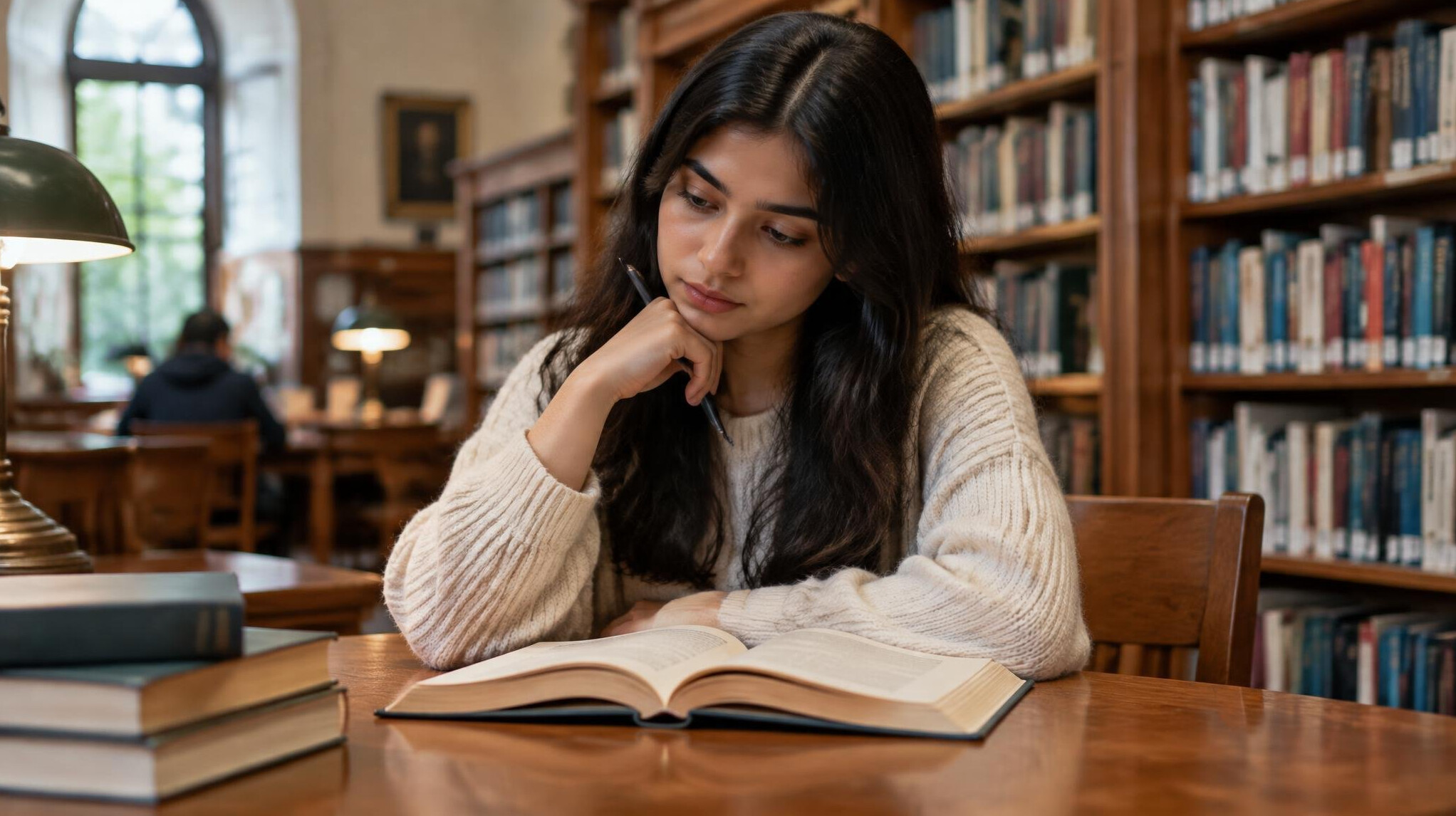 young woman reading book in library